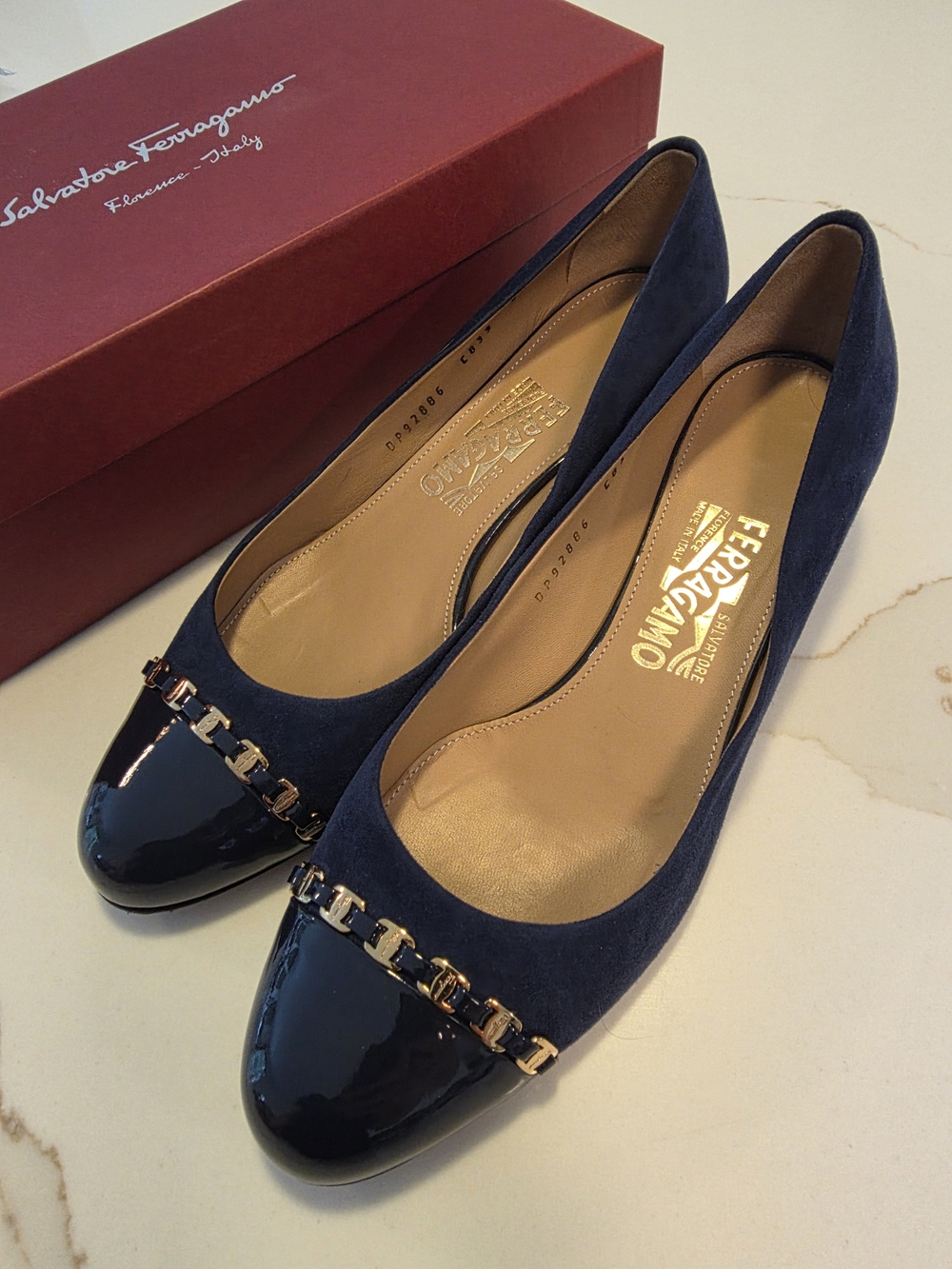 Salvatore Ferragamo Navy Suede & Patent Leather Shoes